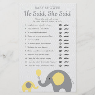 Yellow Elephant Baby Shower He Said She Said Game Flyer