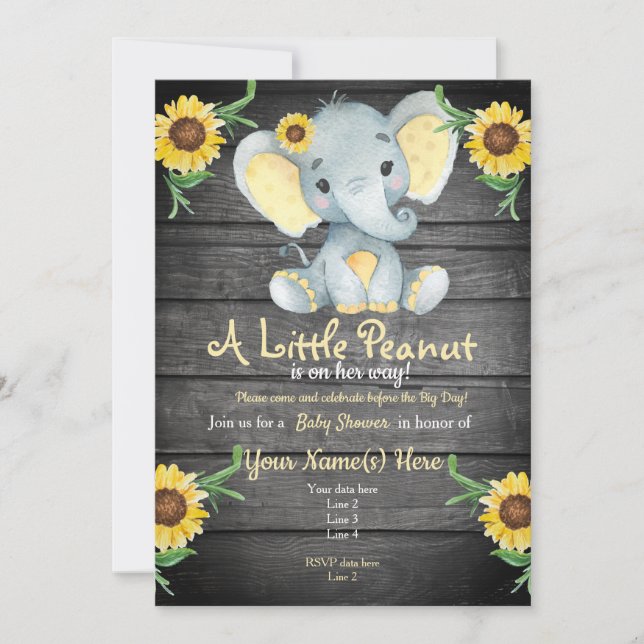 Yellow  Elephant Baby Shower invitation, rustic Invitation (Front)