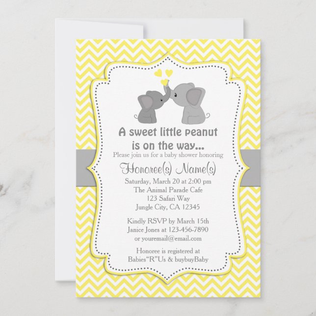 Yellow Elephant Baby Shower Invitations Chev 170 (Front)