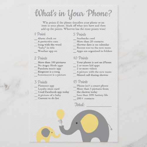 Yellow Elephant Baby Shower Whats in Your Phone Flyer
