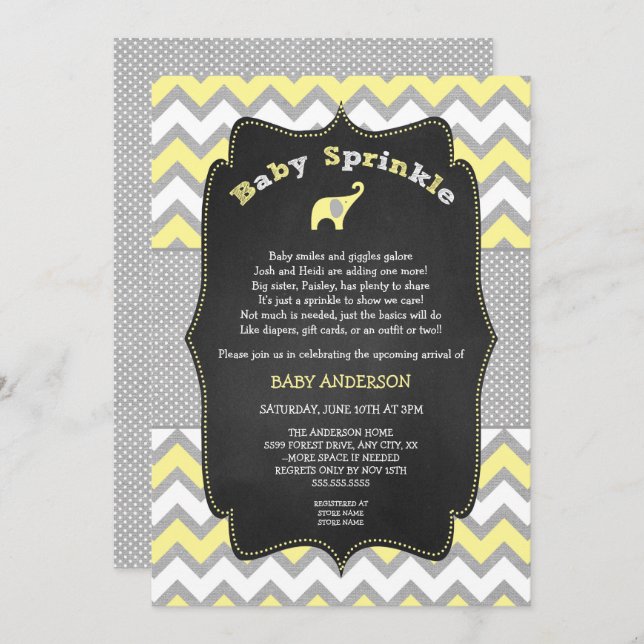 Yellow elephant baby sprinkle, baby shower invitation (Front/Back)