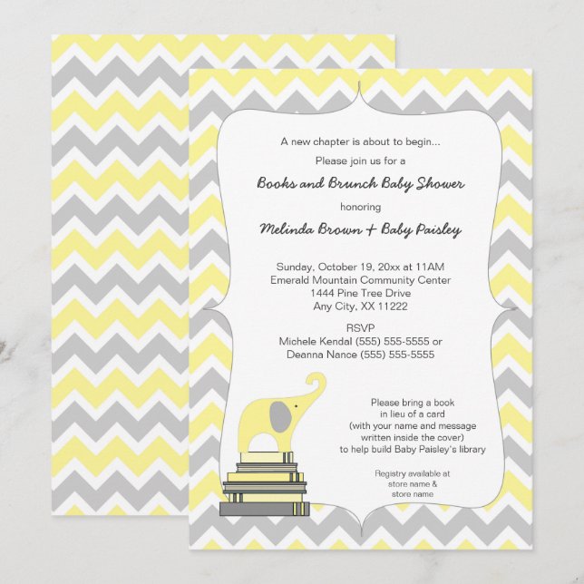 Yellow Elephant Book Baby Shower, books and brunch Invitation (Front/Back)