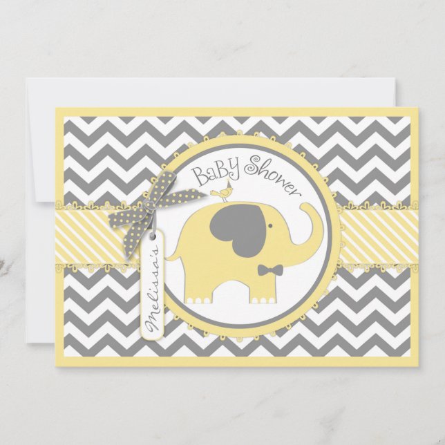 Yellow Elephant Bow Tie Chevron Print Baby Shower Invitation (Front)