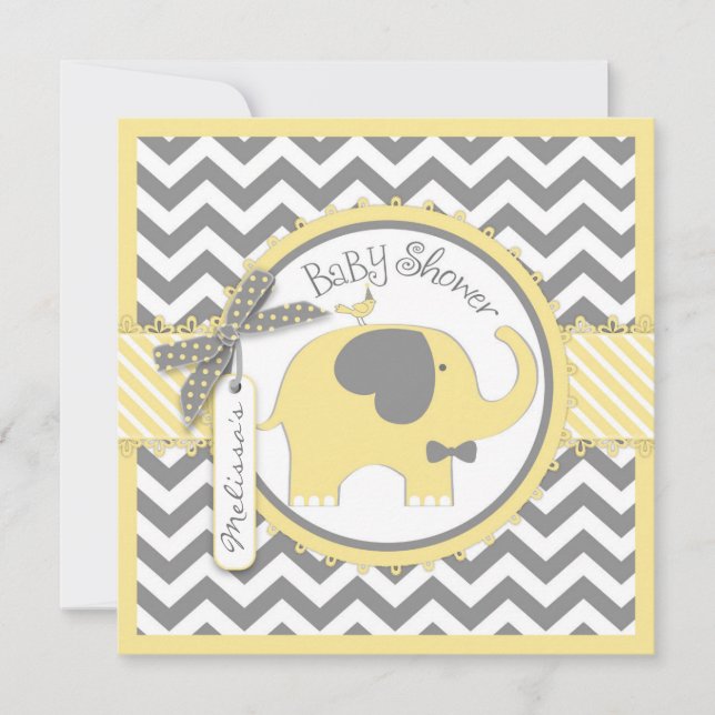 Yellow Elephant Bow-tie Chevron Print Baby Shower Invitation (Front)