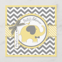 Yellow Elephant Bow-tie Chevron Print Baby Shower Invitation