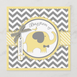 Yellow Elephant Bow Tie Chevron Print Baptism Invitation