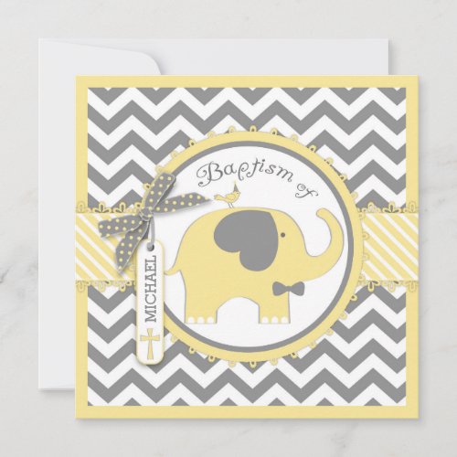 Yellow Elephant Bow Tie Chevron Print Baptism Invitation