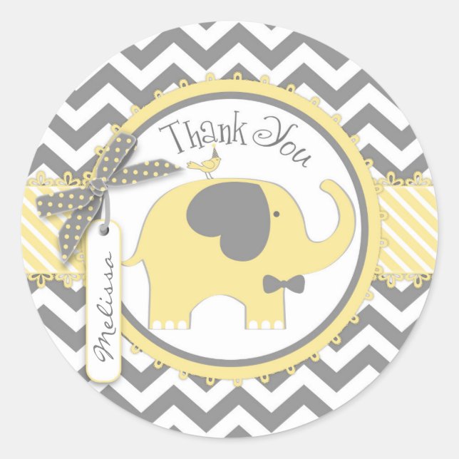 Yellow Elephant Bow-tie Chevron Print Thank You Classic Round Sticker (Front)