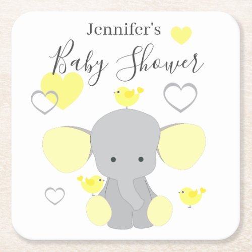 Yellow Elephant Boy Girl Baby Shower Party  Square Paper Coaster