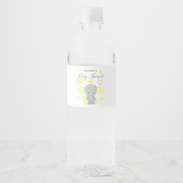 Yellow Elephant Boy Girl Baby Shower Party  Water Bottle Label (Front)
