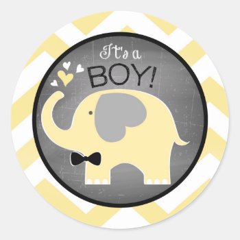 Yellow Elephant Chevron Boy Baby Shower Classic Round Sticker by NouDesigns at Zazzle