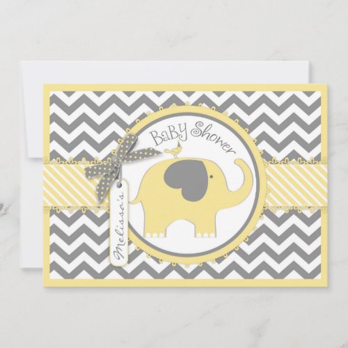 Yellow Elephant Chevron Print Baby Shower Invitation