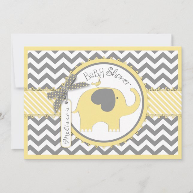 Yellow Elephant Chevron Print Baby Shower Invitation (Front)