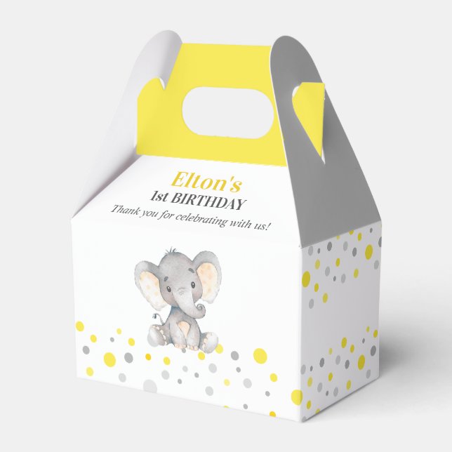 Yellow Elephant First Birthday Party Little Peanut Favor Boxes (Front Side)
