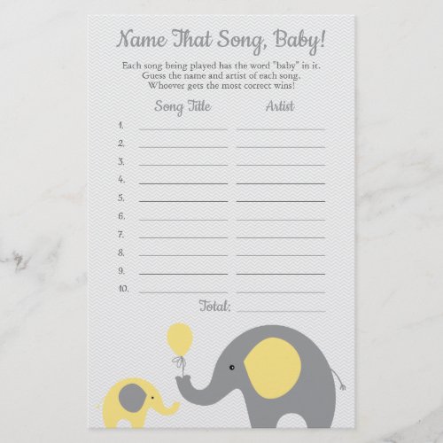 Yellow Elephant Guess the Baby Song Shower Game Flyer