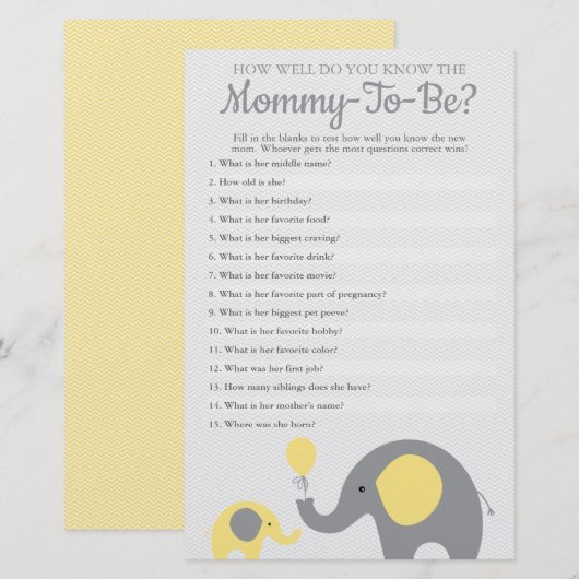 Yellow Elephant How Well Do You Know Mommy To Be (Front/Back)