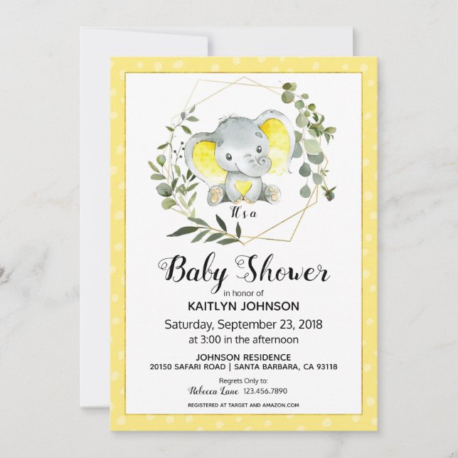 Yellow Elephant Modern Baby Shower Invitation (Front)