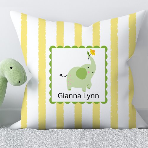 Yellow Elephant Monogram Baby Girl Boy Throw Pillow
