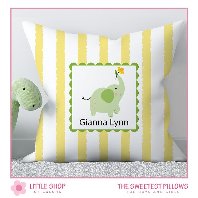 Yellow Elephant Monogram Baby Girl Boy Throw Pillow (Creator Uploaded)