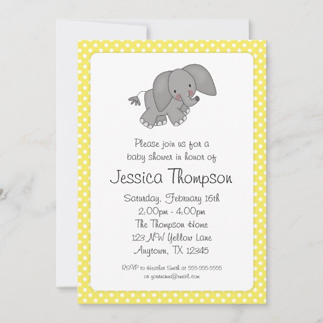 Yellow Elephant Polka Dots Baby Shower Invitation (Front)