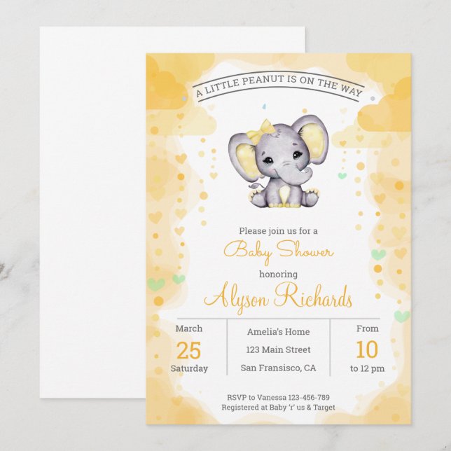 Yellow elephant Watercolor Baby Shower Invitation (Front/Back)