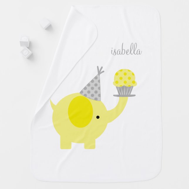 Yellow Elephant with Cupcake Personalized Receiving Blanket (In Situ)