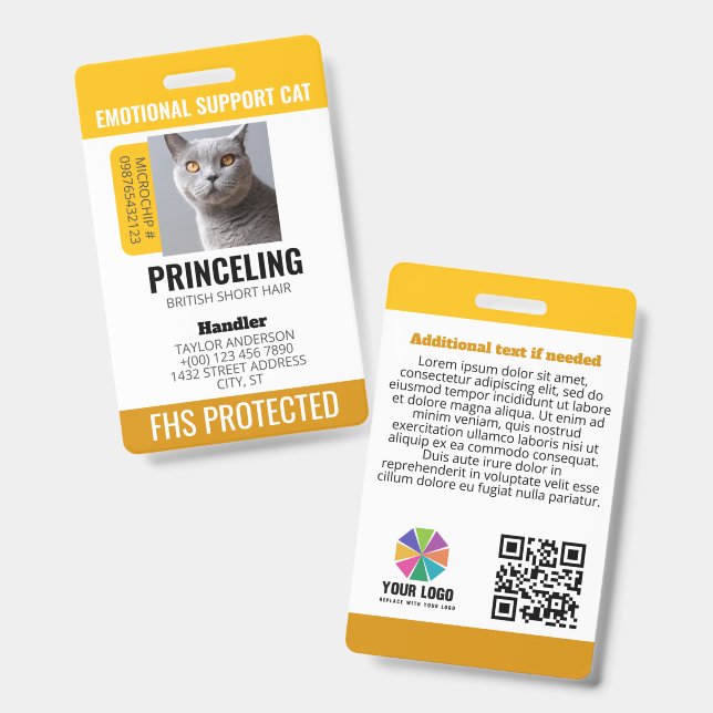 Yellow Emotional Support Cat ID Badge (Front & Back)