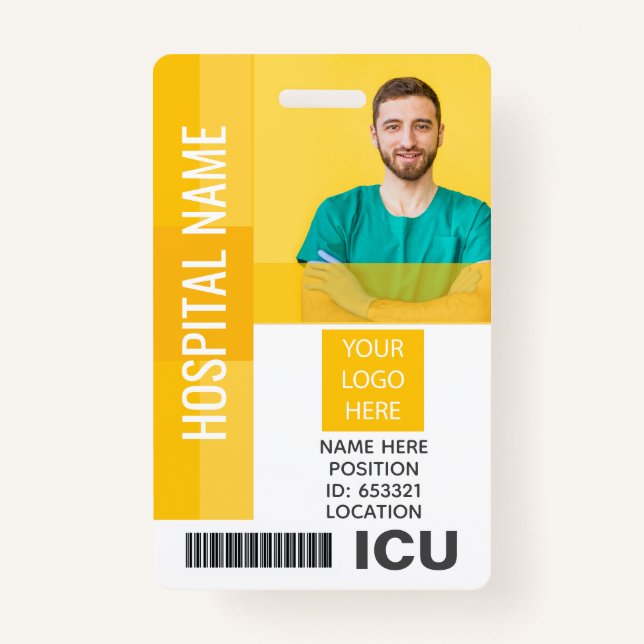 Yellow Employee Photo, Bar Code, Logo ICU ID Badge (Front)