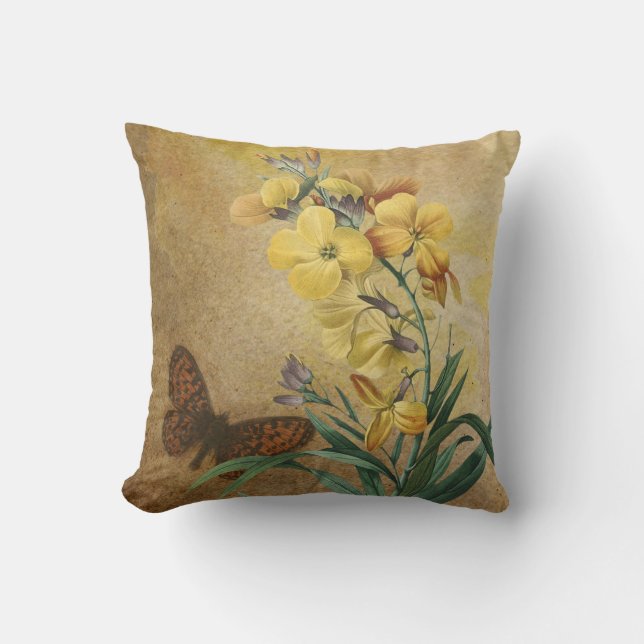 Yellow Erysimum with Butterfly Throw Pillow (Front)