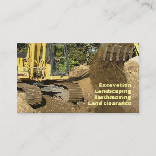 Yellow excavator emptying bucket business card