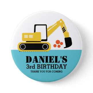 Yellow Excavator Kids Construction Party Button