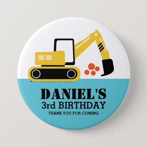 Yellow Excavator Kids Construction Party Button