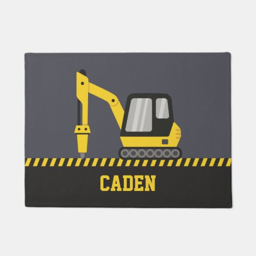 Yellow Excavator With Breaker Part Kids Name Doormat