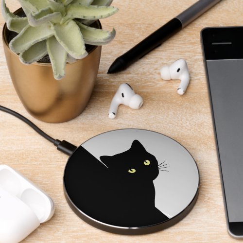 Yellow Eyed Black Cat on Silver Wireless Charger