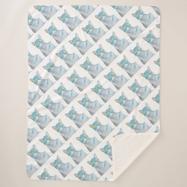 Yellow eyed blue tabby cat fleece blanket  (Front)