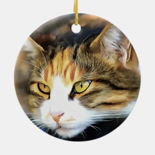 Yellow Eyed Calico Cat Realistic Pet Portrait Ceramic Ornament