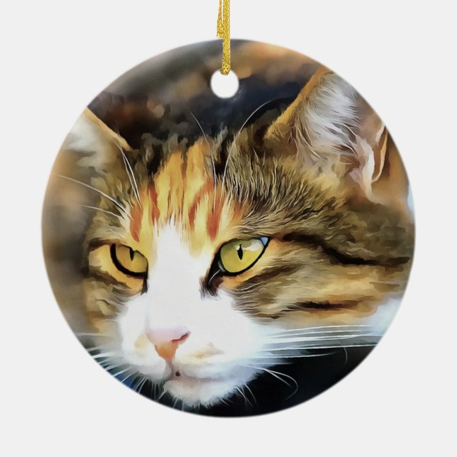Yellow Eyed Calico Cat Realistic Pet Portrait Ceramic Ornament (Back)