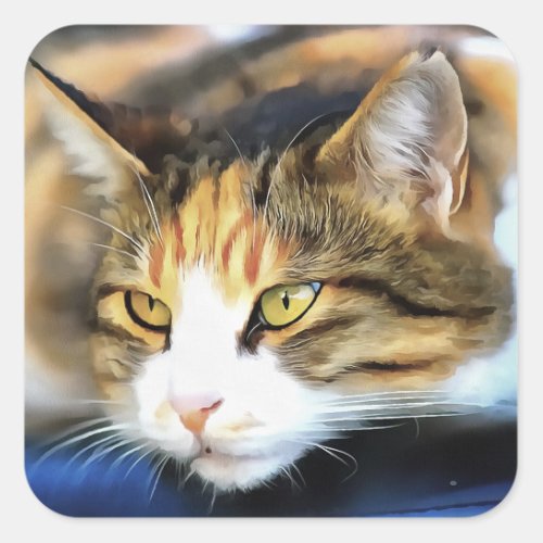 Yellow Eyed Calico Cat Realistic Pet Portrait Square Sticker