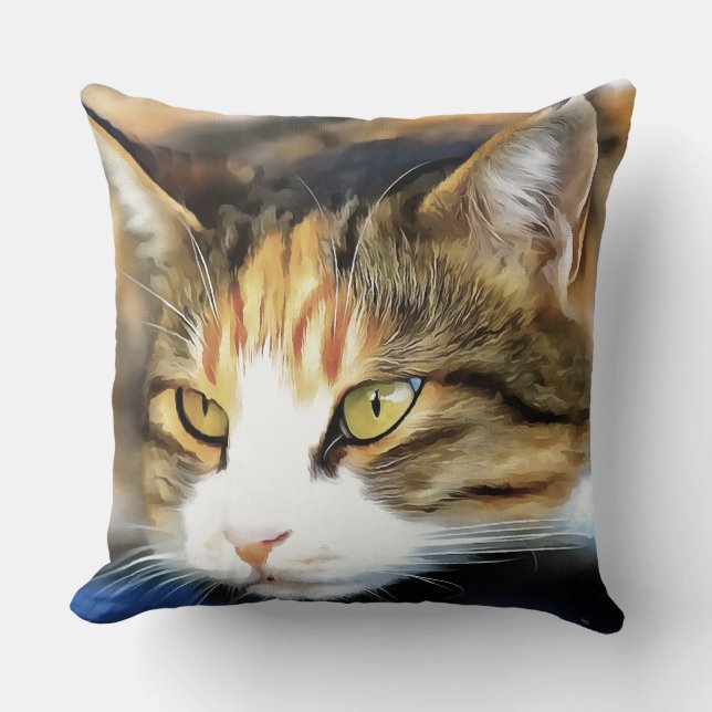 Yellow Eyed Calico Cat Realistic Pet Portrait Throw Pillow (Front)