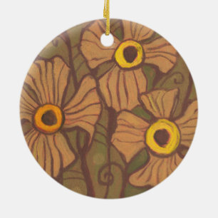 Yellow-eyed flowers, floral art,olive green brown ceramic ornament