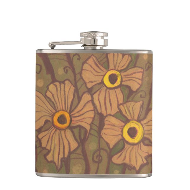 Yellow-eyed flowers, floral art,olive green brown hip flask (Front)