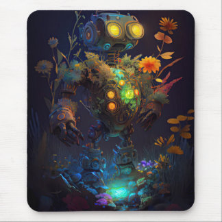 Yellow Eyes Tropical Flowers Robot Mouse Pad