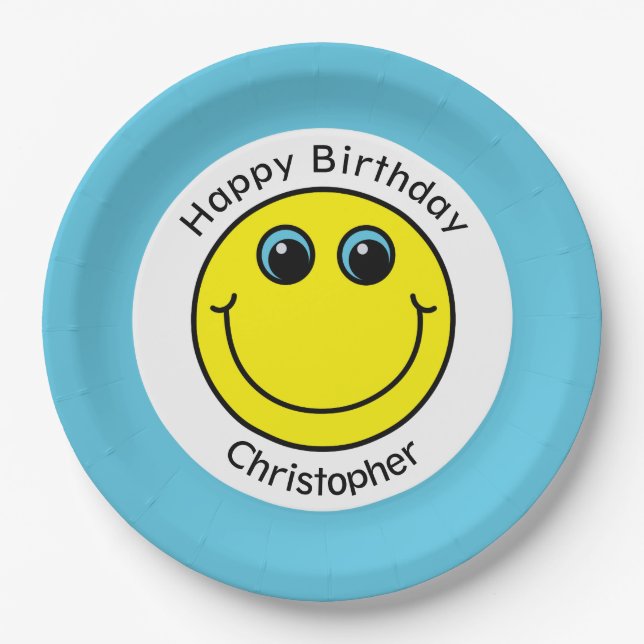 Yellow Face Personalized Birthday Party Paper Plates (Front)