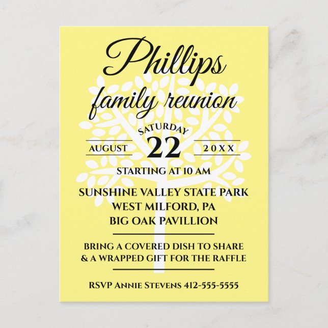 Yellow Family Reunion White Tree Silhouette Invitation Postcard (Front)