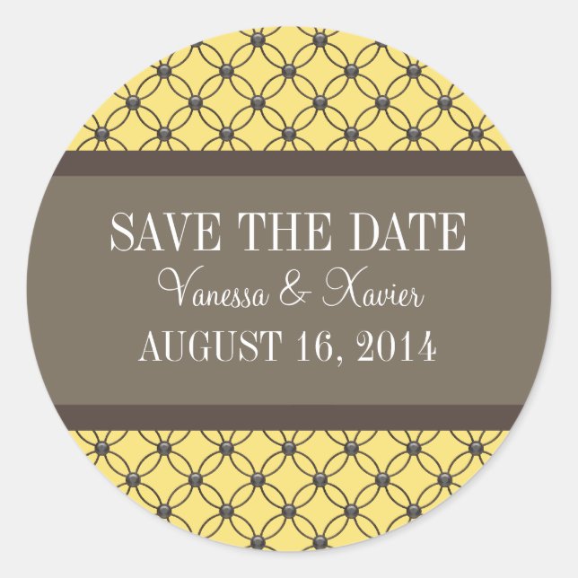 Yellow Fancy Lattice Save the Date Stickers (Front)