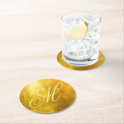 Yellow Fancy Monogram Shiny Faux Gold Foil Round Paper Coaster