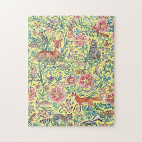 Yellow Fantasy Forest Animals Colorful Flowers Jigsaw Puzzle