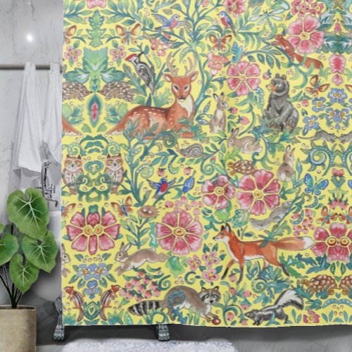 Yellow Fantasy Forest Woodland Animal Flowers Shower Curtain