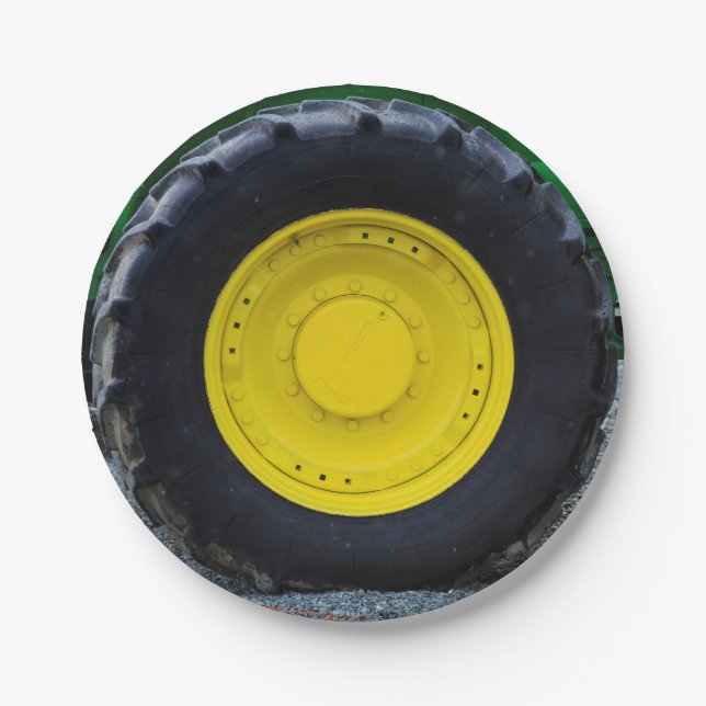Yellow Farm Tractor Wheel Paper Plates (Front)
