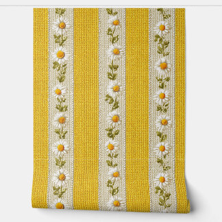Yellow Farmhouse White Flowers Stripes  Wallpaper